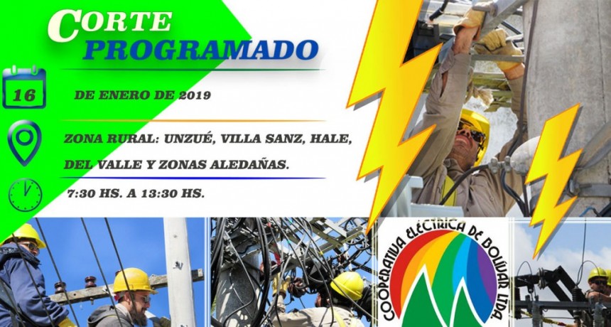 Corte de energía programado para la zona de Unzué, Villa Sanz, Hale, Del Valle y zonas aledañas