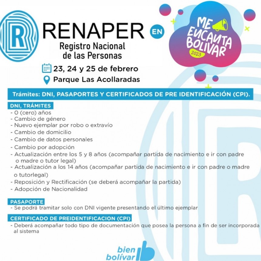 RENAPER realizará trámites en el predio del Me Encanta Bolívar