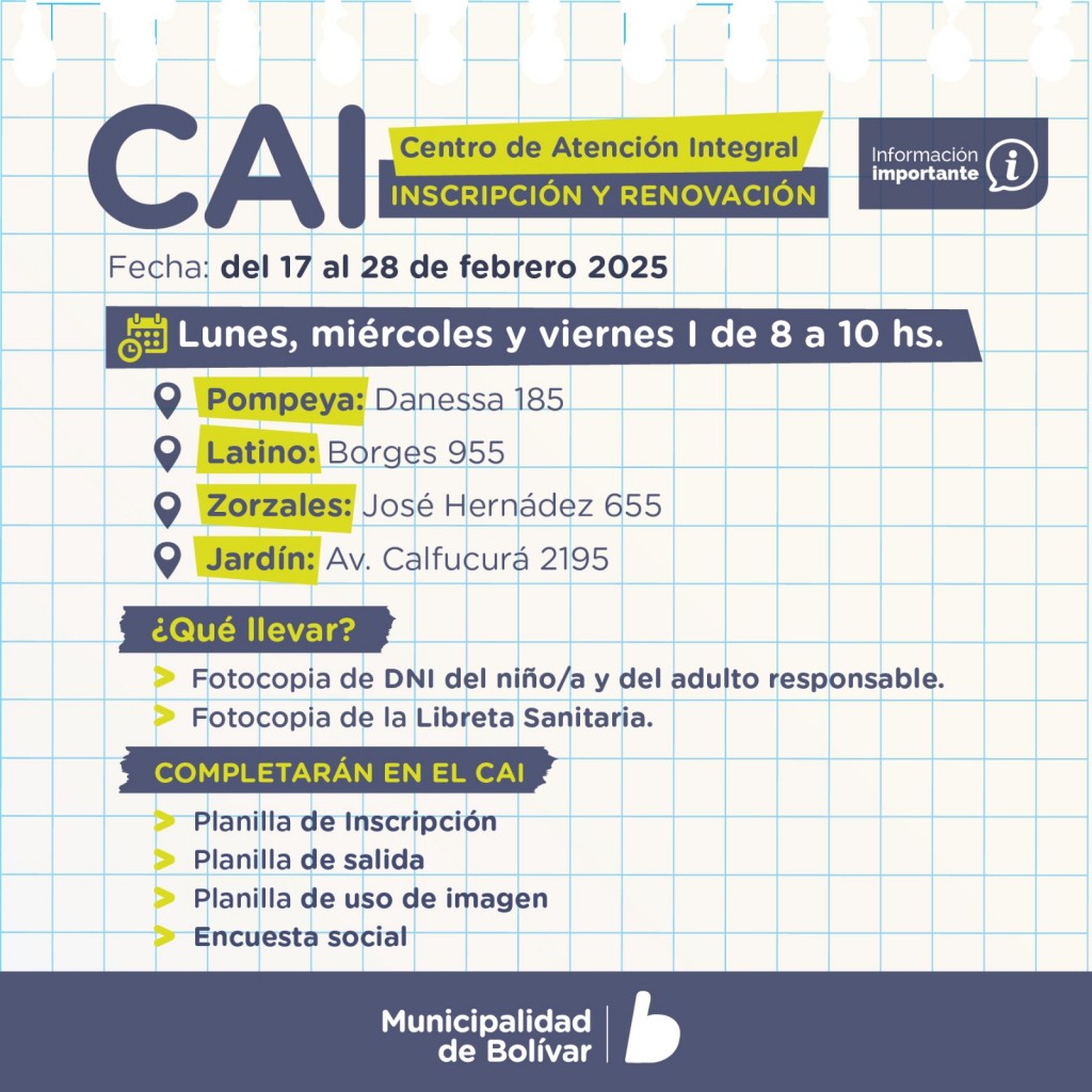 Centros de Atención Integral: A partir del 17 de febrero se abre la inscripción y renovación  