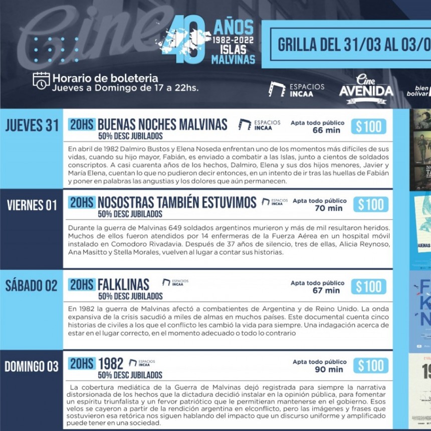 El Cine Avenida propone una programación especial por los 40 años de Malvinas