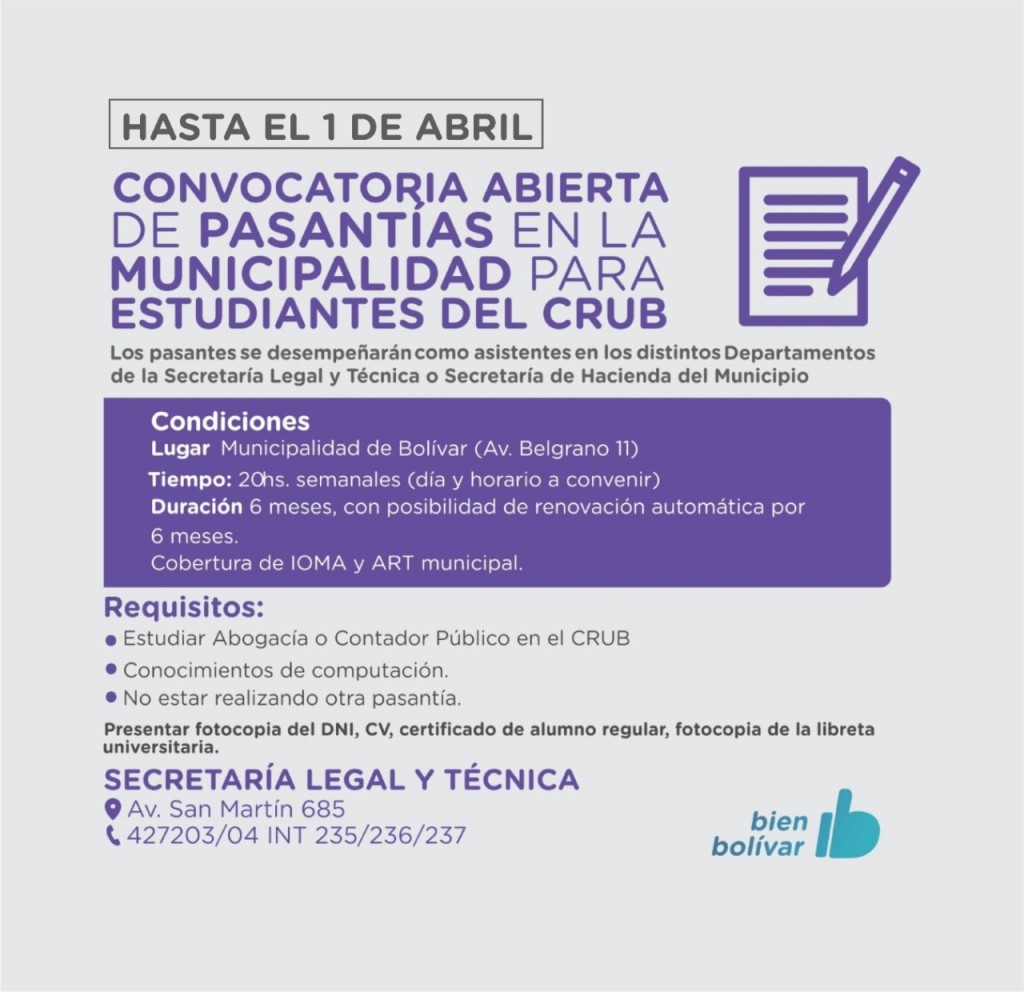 Se extendió hasta el 1 de abril la convocatoria para realizar Pasantías en la Municipalidad