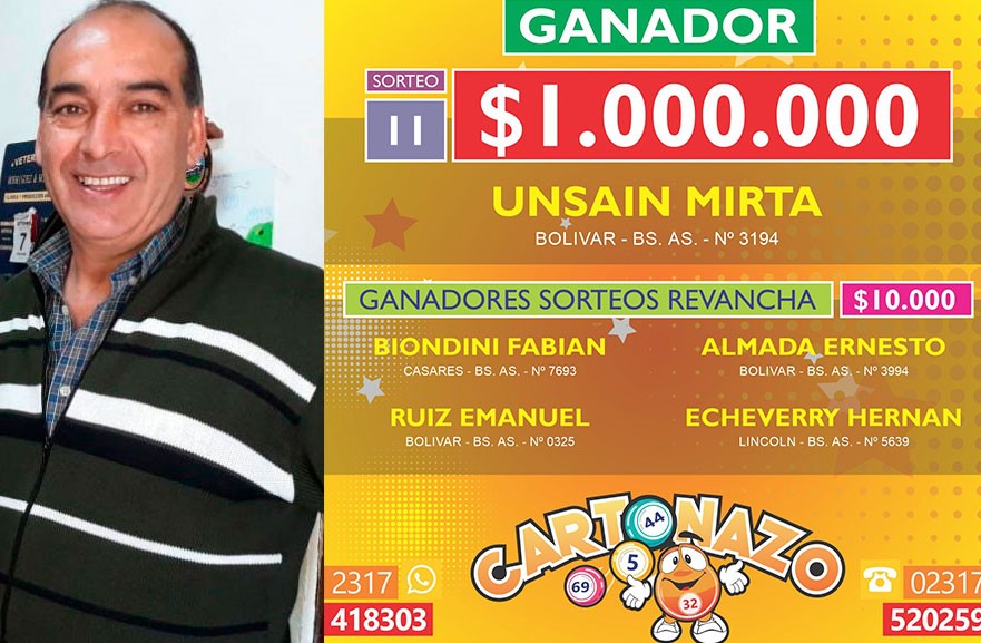 El Cartonazo Solidario del Centro Complementario nº801 y Club Balonpie tuvo muchos ganadores en Bolívar, y hablamos con Marcelo Criado (vendedor) y Mirta Unsaín que ganó un millón de pesos