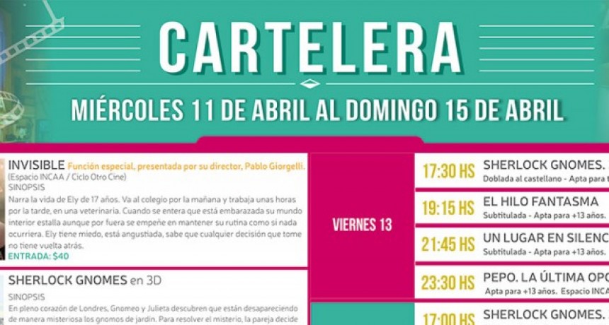 Cartelera desde el Mi&eacute;rcoles 11 al Domingo 15