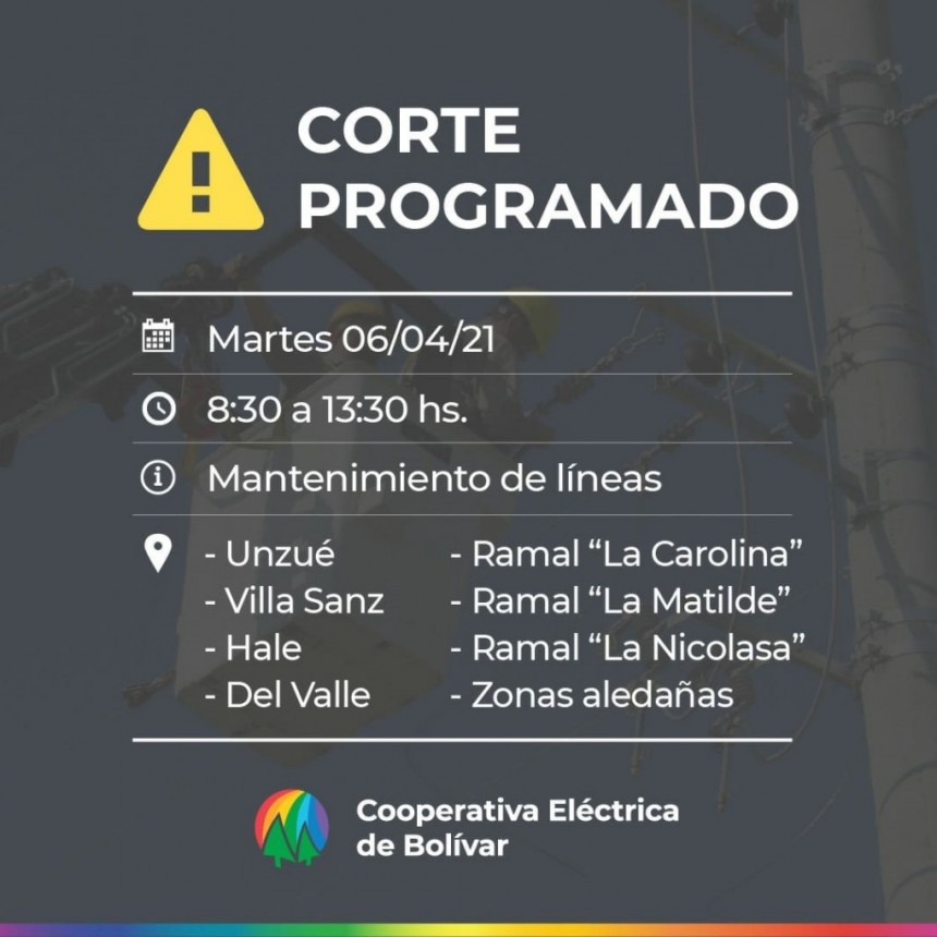 Corte de energía programado: Será el martes 06/4 de 08:30 a 13:30 hs en Zona Rural
