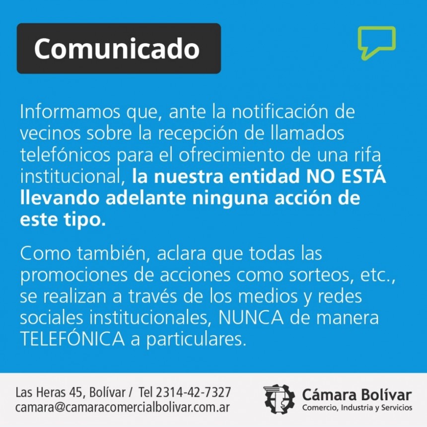 Comunicado Oficial de la C&aacute;mara Comercial ante la notificaci&oacute;n de vecinos sobre una supuesta rifa institucional
