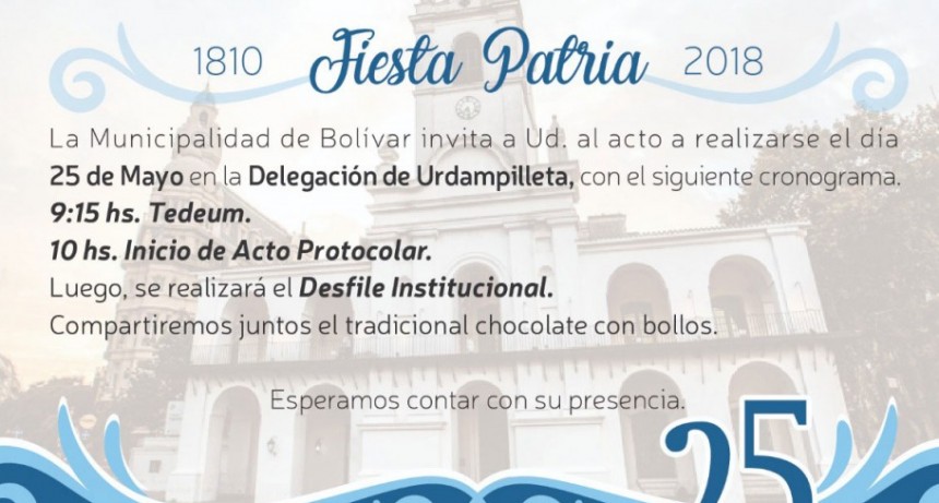El acto protocolar por el 25 de Mayo ser&aacute; en Urdampilleta