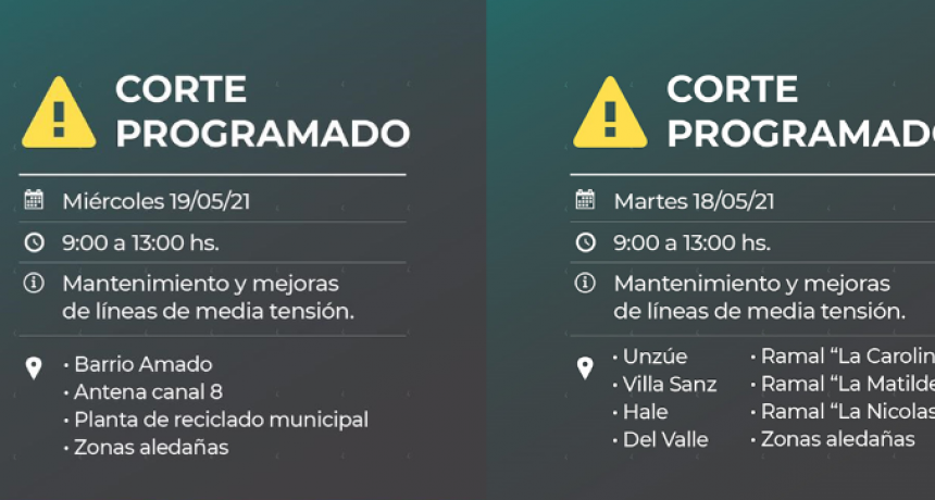 Se harán dos cortes de energía programados para hoy 18 y mañana 19 por mantenimiento en las líneas de tensión