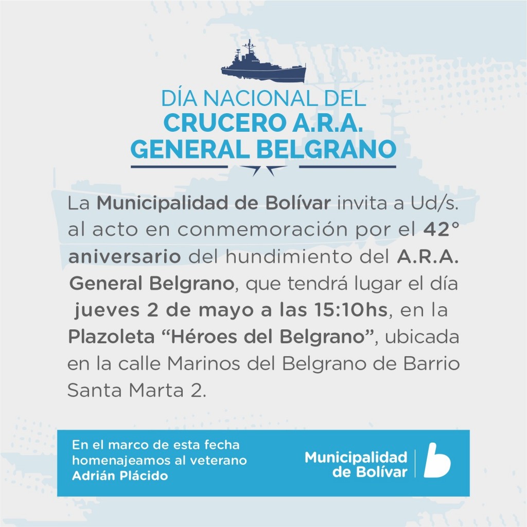 Este jueves 2 se realizará el acto por el 42° aniversario del hundimiento del A.R.A General Belgrano