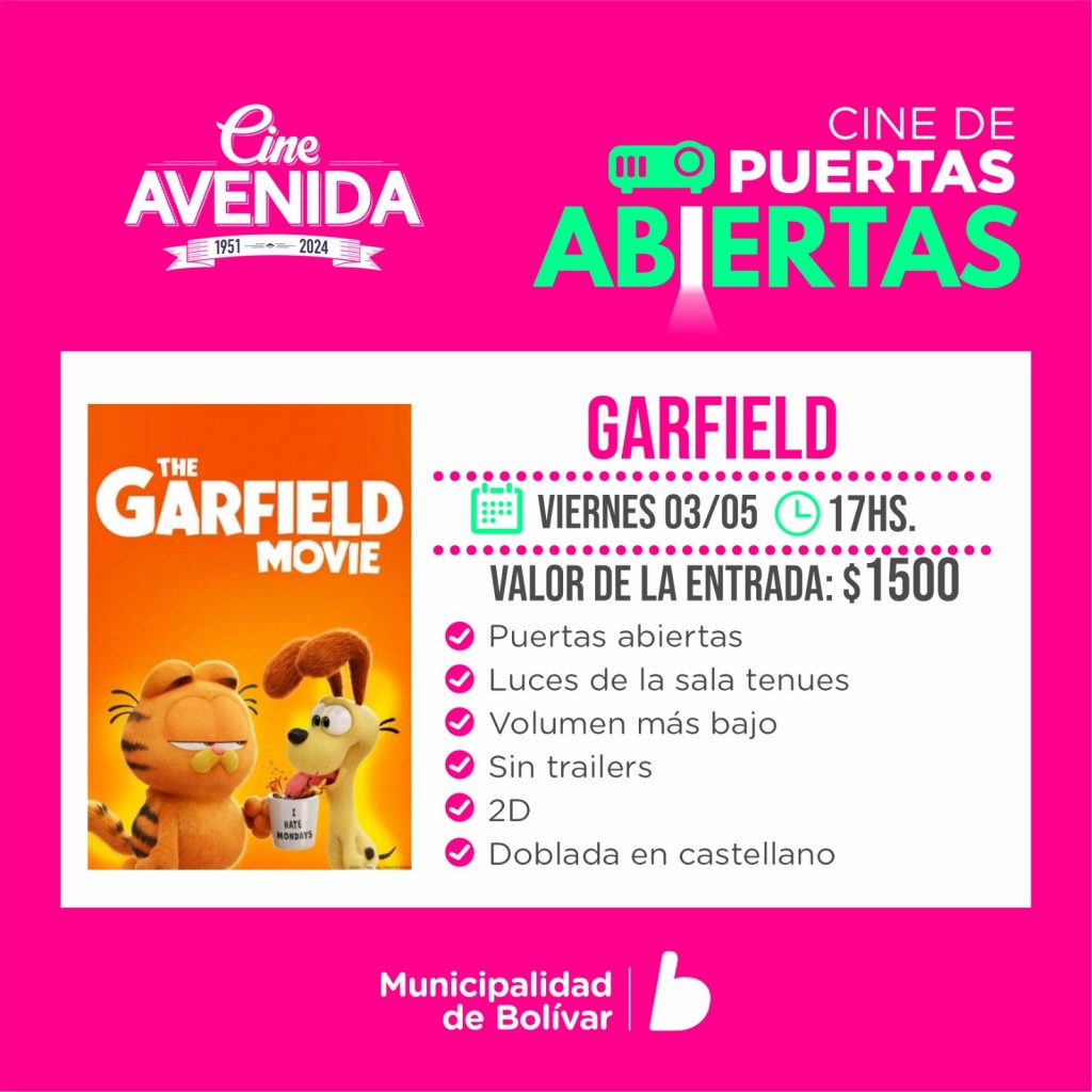 Cine a Puertas Abiertas: Se proyectará la película “Garfield” y en FM 10 Hablamos con nadia Marchione