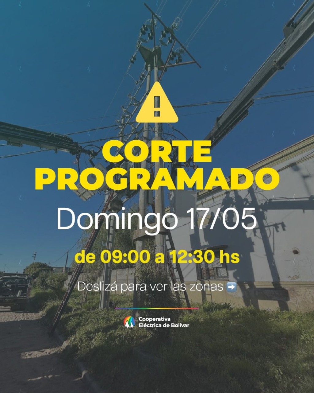 La Cooperativa El&eacute;ctrica de Bol&iacute;var anuncia un corte programado para este domingo 17 de mayo, en varios sectores de la ciudad, de 9 a 12.30 hs