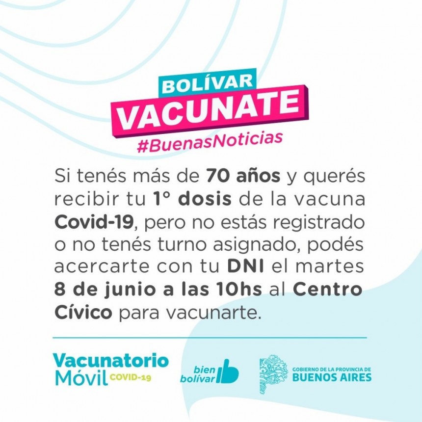 Bolívar Vacunate: Los mayores de 70 años podrán aplicarse la primera dosis de la vacuna contra el Covid sin turno previo