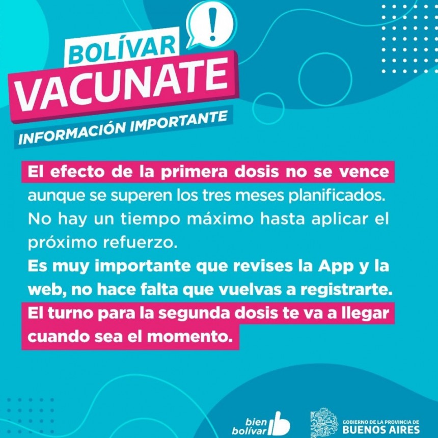 Información importante: Quienes aguardan la segunda dosis de cualquiera de las vacunas, deben tener en cuenta que no hay tiempo máximo