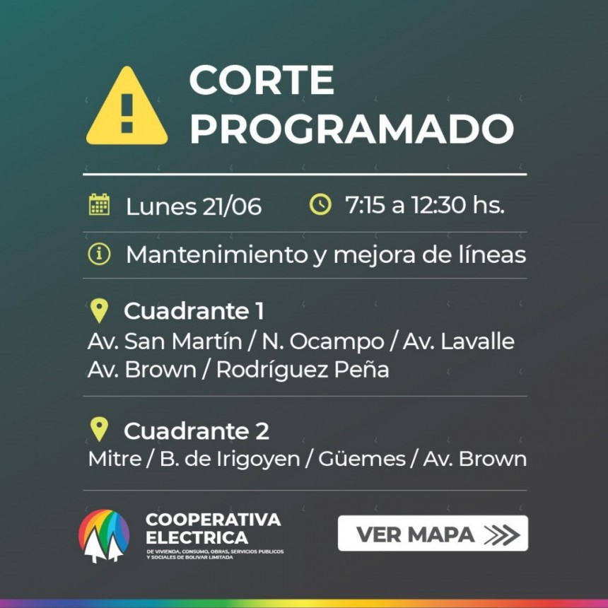 La Cooperativa Eléctrica de Bolívar informa sobre un corte programado para el día 21/6 de 07:15 a 12:30