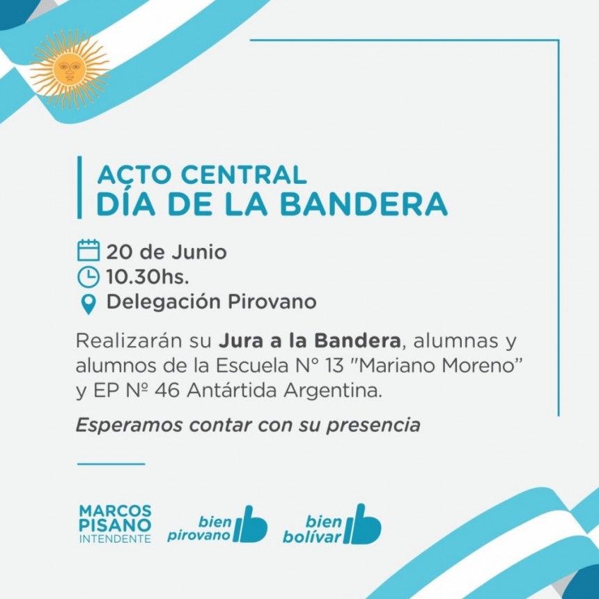 El acto central por el día de la bandera será en Pirovano