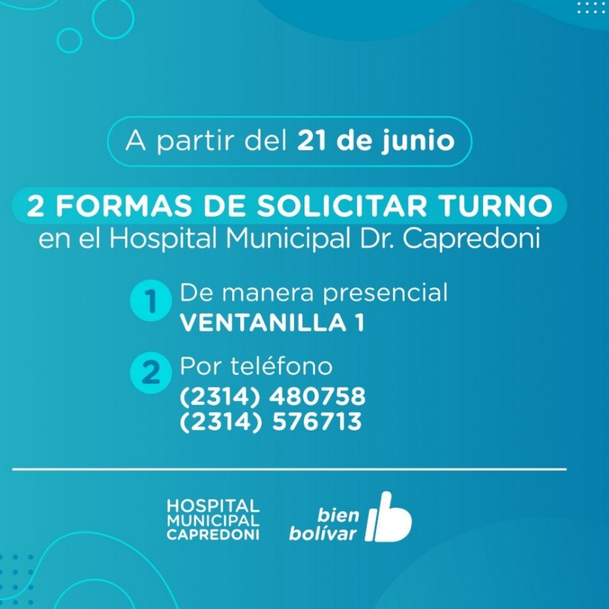 Desde el miércoles 21 de junio, se podrá solicitar turnos en el hospital Capredoni, de manera presencial y telefónica