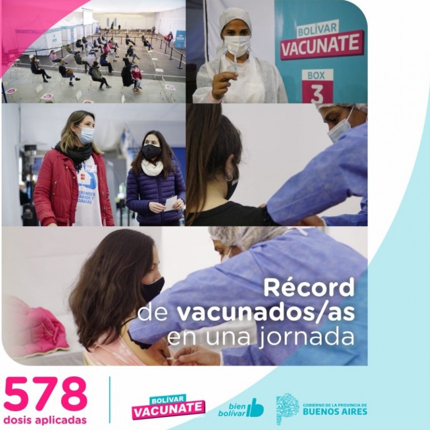 Record de vacunados, este martes se aplicaron 578 dosis y se totalizan 18.270 personas inoculadas en el partido de Bolívar