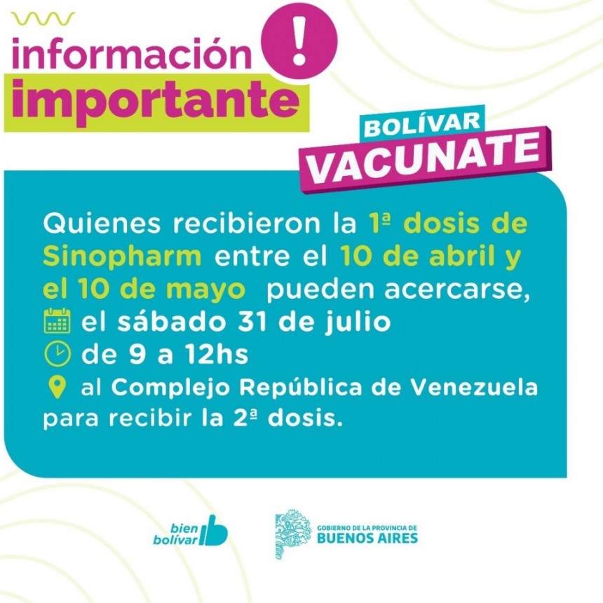 Convocan a quienes recibieron la primera dosis entre el 10 de abril y 10 de mayo, al Vacunatorio Municipal