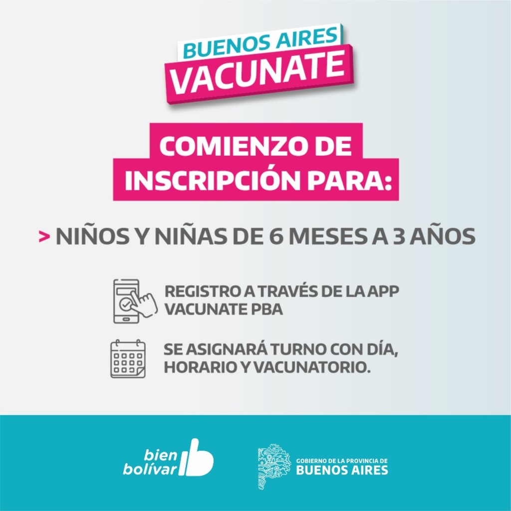 Este martes 26 de julio, comienza la inscripción de niños y niñas de entre 6 meses y 3 años de edad para la campaña de vacunación contra el Covid-19 en la Provincia de Buenos Aires
