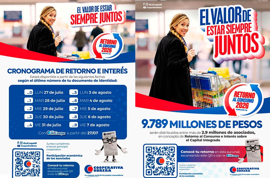 La Coope distribuye $9.789 millones entre sus asociados en concepto de Retorno e Intereses, a partir del 27 de julio
