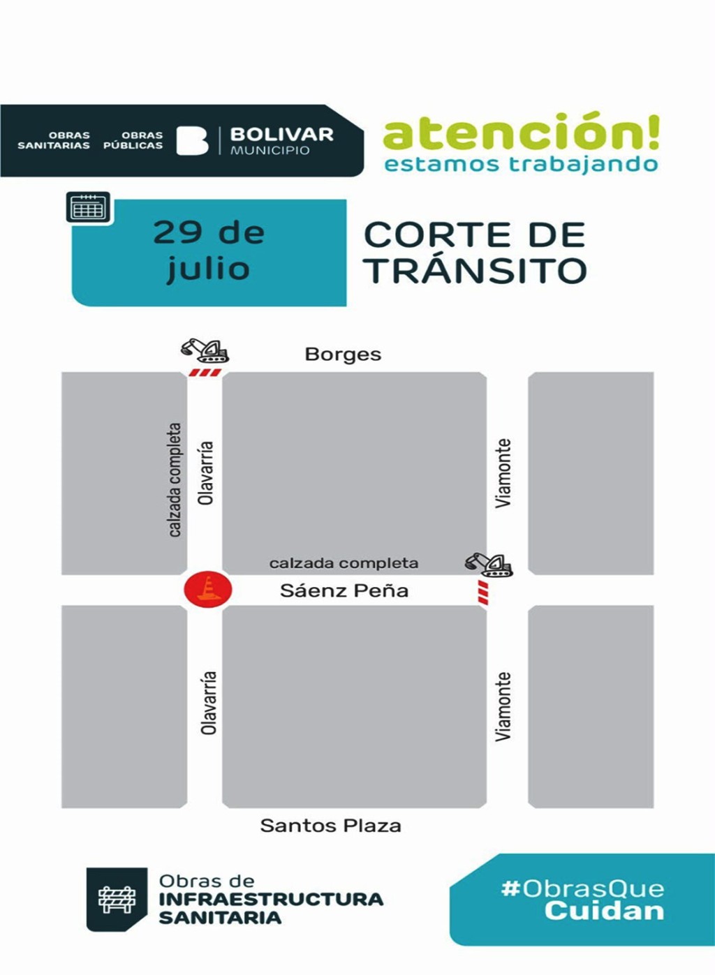 Aviso de corte de tr&aacute;nsito por obras de infraestructura sanitaria en un sector de la ciudad, en planta urbana