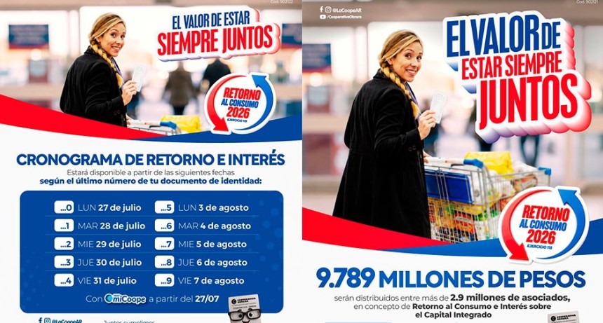 La Coope distribuye $9.789 millones entre sus asociados en concepto de Retorno e Intereses, a partir del 27 de julio