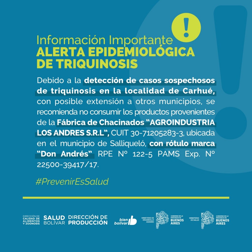 Comunicado de la Dirección de Zoonosis y Calidad de Alimentos: Alerta Epidemiológica por un Brote de Triquinosis en Carhué
