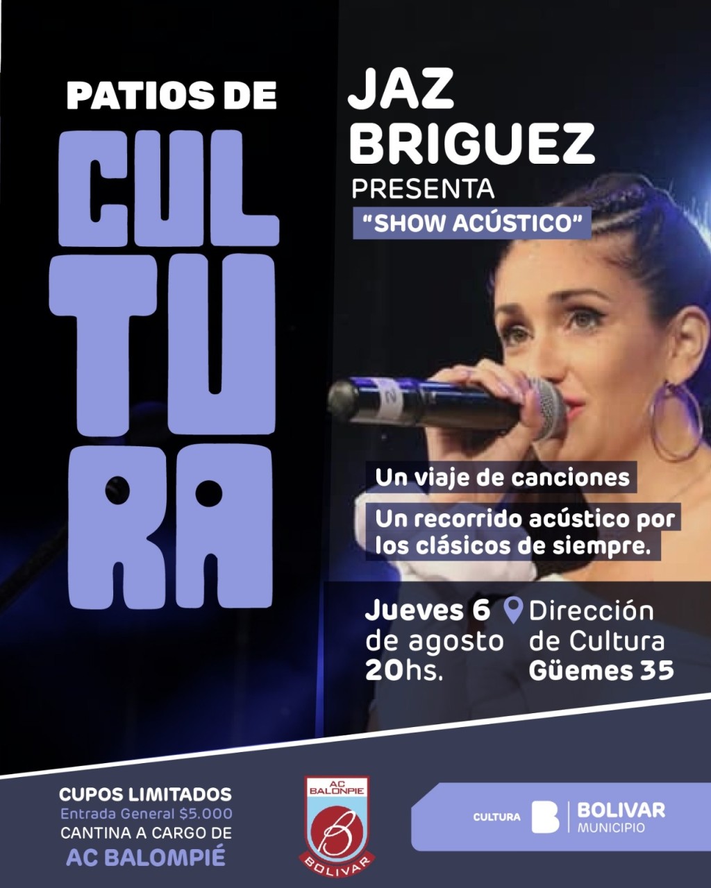Este jueves: Jaz Br&iacute;guez presenta un Show Ac&uacute;stico en el marco de Patios de Cultura