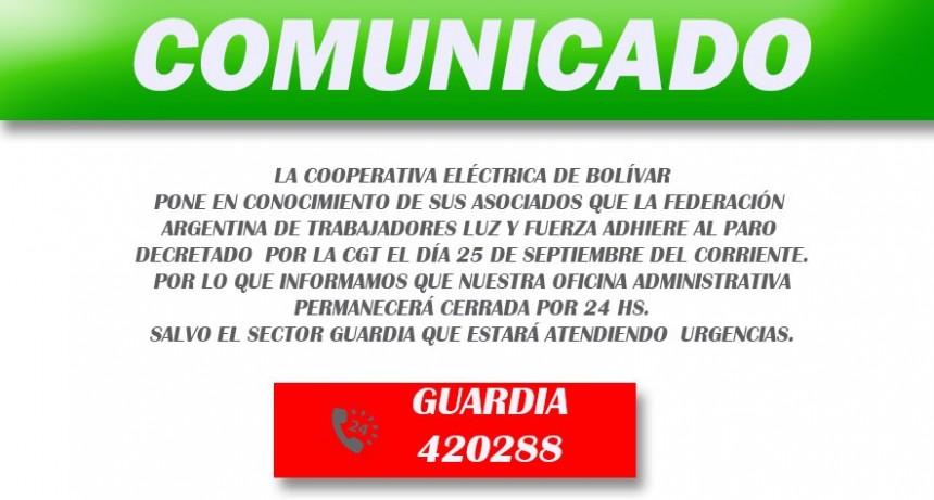 La cooperativa el&eacute;ctrica no atender&aacute; al p&uacute;blico el pr&oacute;ximo martes 25