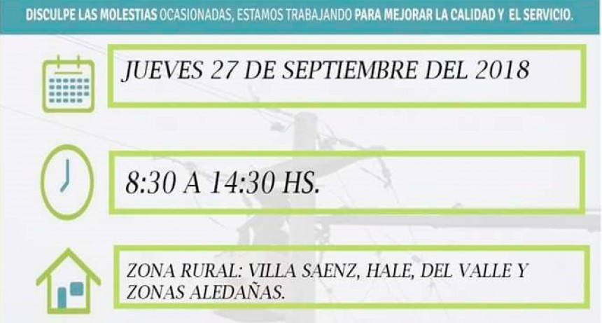 Corte de energ&iacute;a programada para el d&iacute;a jueves 27 en zona Villa Sanz-Hale