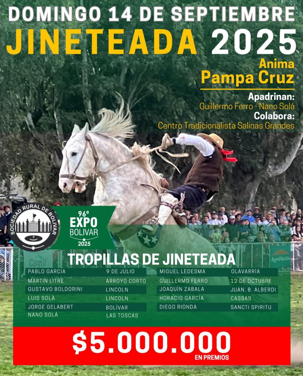 96º Expo Bolívar hoy domingo: Jineteada con más de 30 montas y tropillas de todo el país 