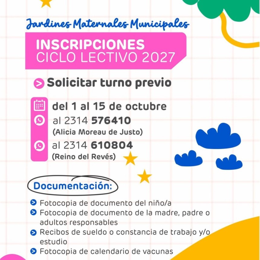 Abren las inscripciones para el Ciclo Lectivo 2027 de los Jardines Maternales Municipales
