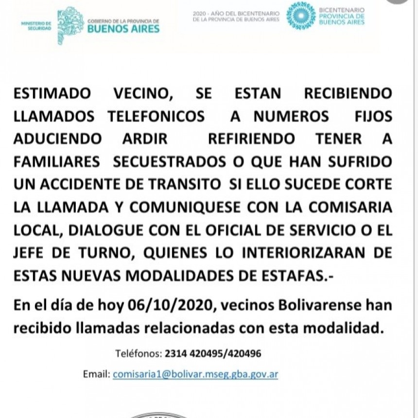 La Polic&iacute;a alerta sobre llamado extorsivos a la comunidad