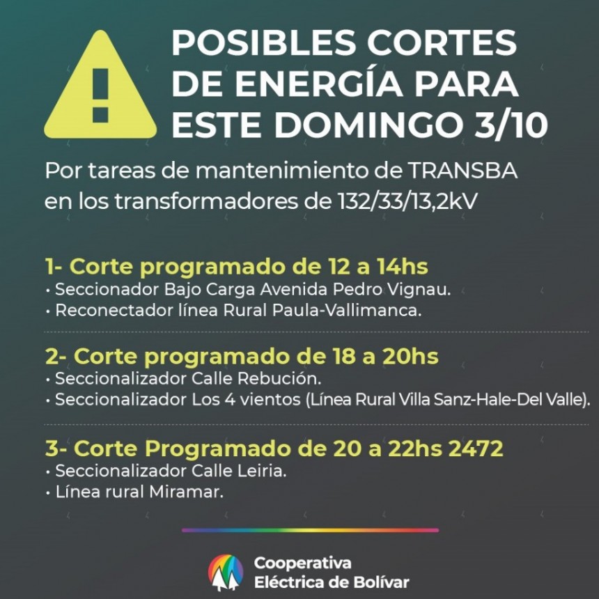 Transba informó tareas de mantenimiento a la Cooperativa Eléctrica, lo que contempla posibles cortes para este domingo