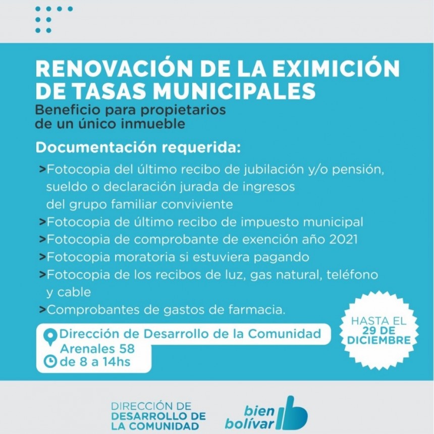 Extendieron el plazo para obtener la exención de Tasas Municipales