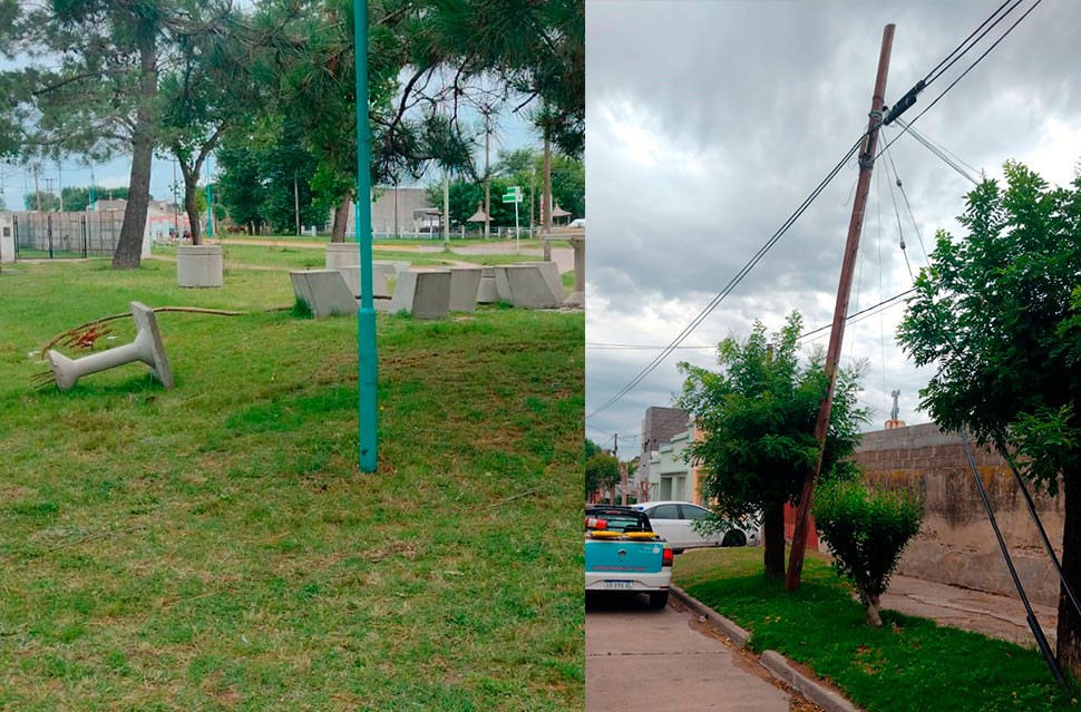 Vandalismo en una plaza y el riesgo de los servicios telefónicos con postes a punto de caer al piso