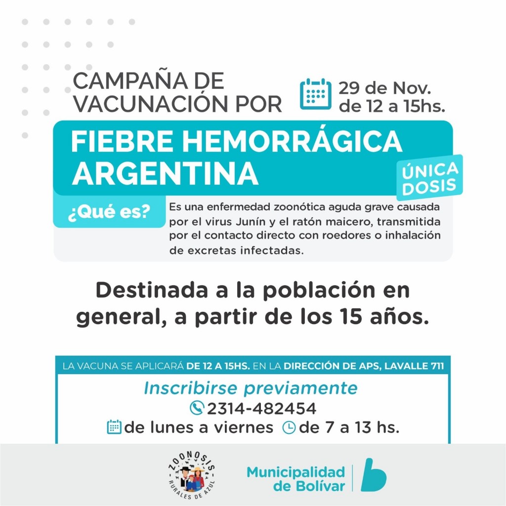 La Campaña de Vacunación contra la Fiebre Hemorrágica Argentina se realizará este viernes 29 de noviembre