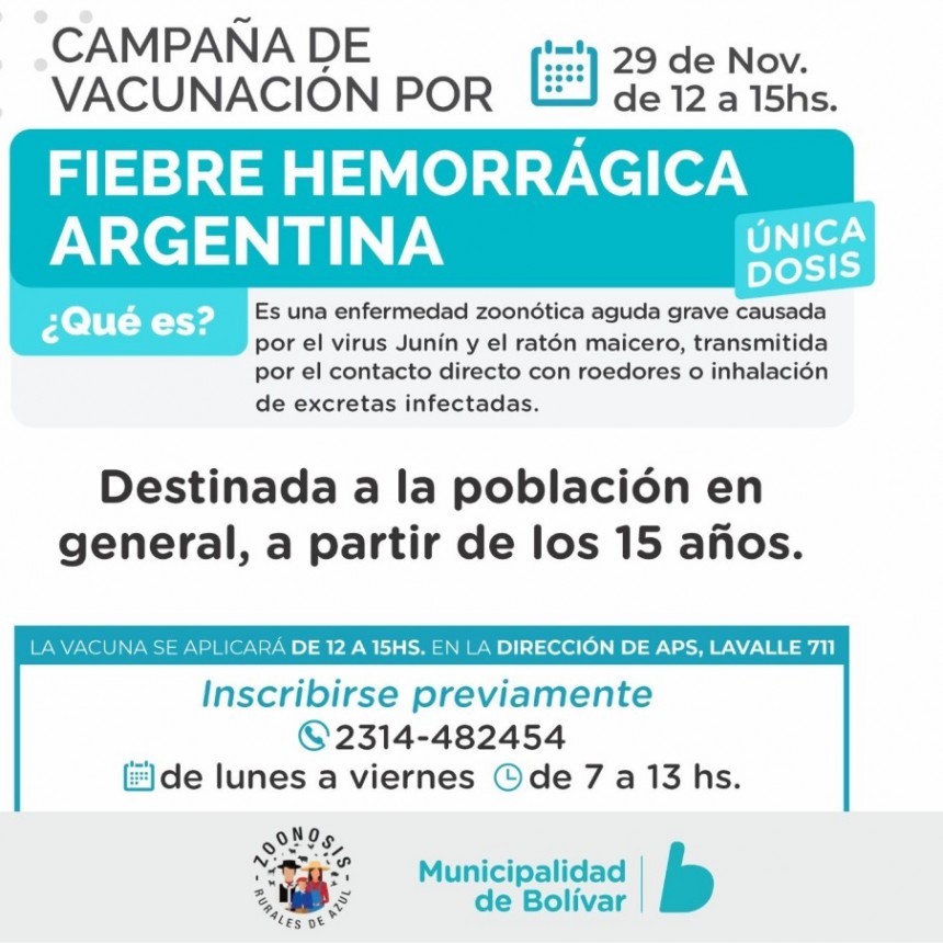 La Campaña de Vacunación contra la Fiebre Hemorrágica Argentina se realizará este viernes 29 de noviembre