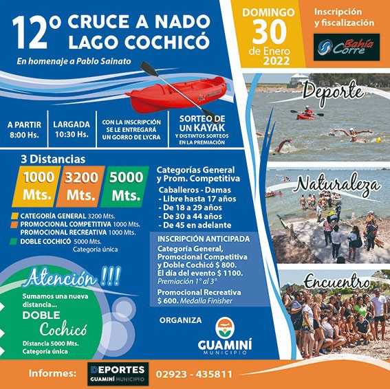 El próximo domingo 30 de enero llega a Villa Turística Cochicó la 12° edición del tradicional cruce a nado 