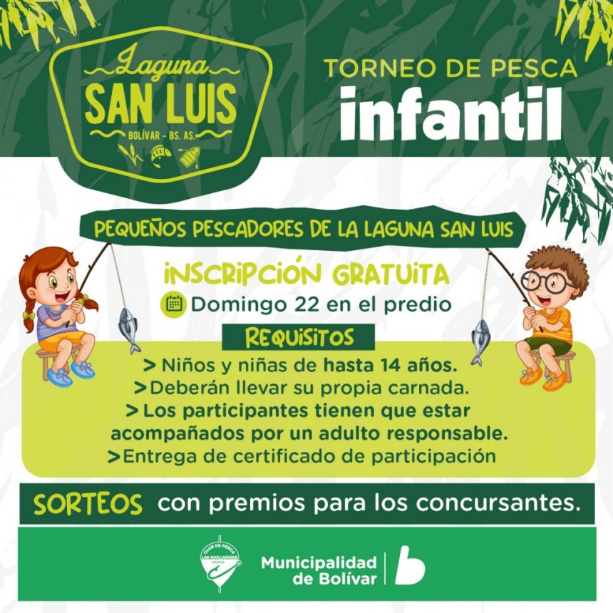 En el marco de la inauguración de la Obra de la Compuerta, se realizará el domingo 22 un Torneo de Pesca Infantil: Pequeños Pescadores de la Laguna San Luís